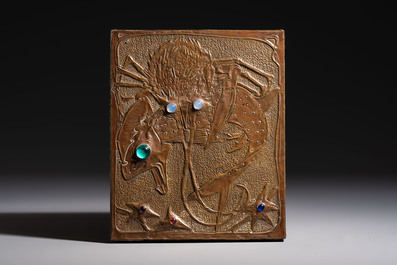 Alfred Daguet (Paris, 1875-1942): An Art Nouveau repouss&eacute; copper-mounted box with aquatic animals and inset glass eyes, monogrammed A.D., ca. 1900