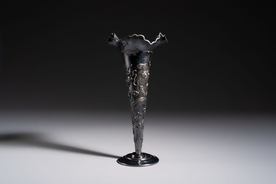 A Chinese silver 'Dragon' vase, two stem cups and a handled cup, various marks, 19/20th C.