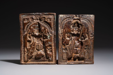 Two Indian bronze figures and two repouss&eacute; copper-alloy plaques, 18/19th C.