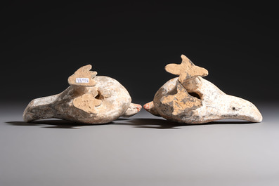 A pair of Chinese cold painted terracotta roosters, Han or later