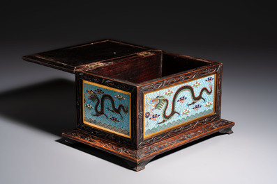 A Chinese wooden 'Dragon' casket mounted with cloisonn&eacute; plaques, 19/20th C.