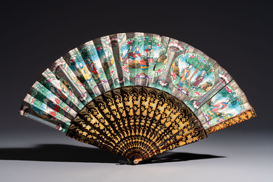 Three Chinese Canton gilt-lacquered and painted paper fans, two with their original box, and an octagonal fan, 19th C.