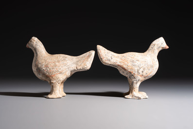 A pair of Chinese cold painted terracotta roosters, Han or later