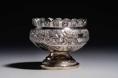 An Indian repouss&eacute; silver footed bowl, early 20th C.