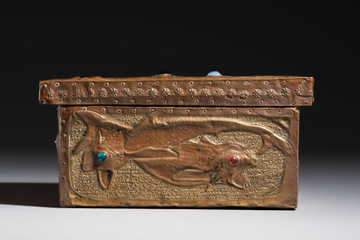 Alfred Daguet (Paris, 1875-1942): An Art Nouveau repouss&eacute; copper-mounted box with aquatic animals and inset glass eyes, monogrammed A.D., ca. 1900
