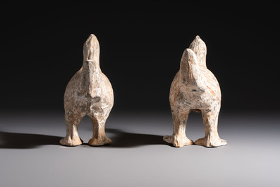 A pair of Chinese cold painted terracotta roosters, Han or later