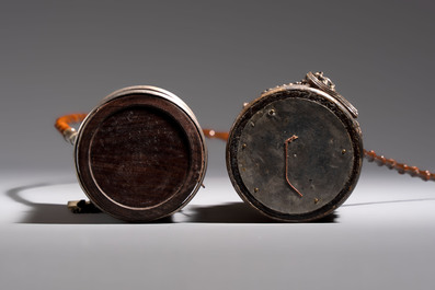 Two Vietnamese waterpipes in wood, silver and metal, one with mother-of-pearl inlay, 19th C.