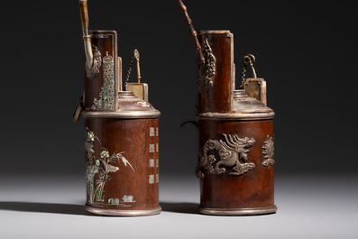 Two Vietnamese waterpipes in wood, silver and metal, one with mother-of-pearl inlay, 19th C.