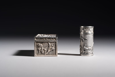 A pair of Chinese silver jarlets, a pair of saucer dishes, a rectangular casket and a cylindrical box, 19/20th C.