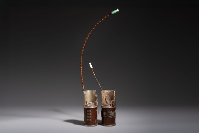 Two Vietnamese waterpipes in wood, silver and metal, one with mother-of-pearl inlay, 19th C.