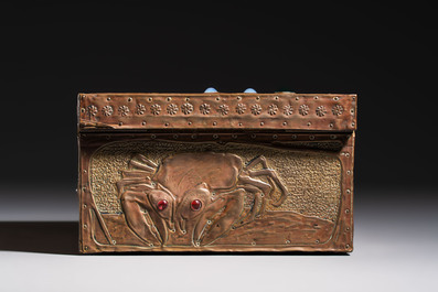 Alfred Daguet (Paris, 1875-1942): An Art Nouveau repouss&eacute; copper-mounted box with aquatic animals and inset glass eyes, monogrammed A.D., ca. 1900