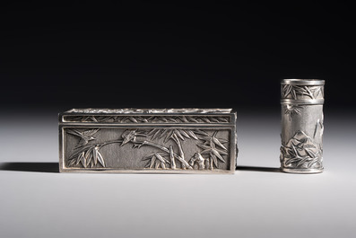 A pair of Chinese silver jarlets, a pair of saucer dishes, a rectangular casket and a cylindrical box, 19/20th C.