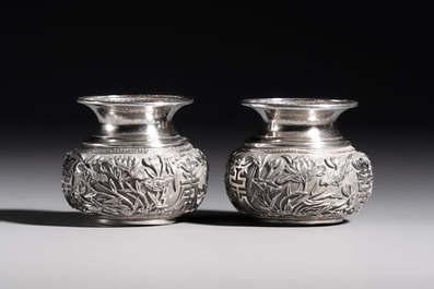A pair of Chinese silver jarlets, a pair of saucer dishes, a rectangular casket and a cylindrical box, 19/20th C.