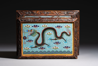 A Chinese wooden 'Dragon' casket mounted with cloisonn&eacute; plaques, 19/20th C.