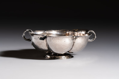 An Italian silver lobed footed bowl with handles, mark of the crossed Keys of St. Peter under a liturgical umbrella, Papal States, Rome, 18th C.