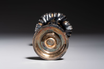 A Chinese silver 'Dragon' vase, two stem cups and a handled cup, various marks, 19/20th C.
