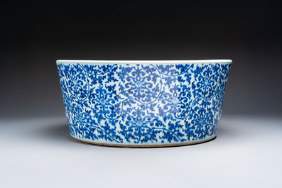 A massive Chinese blue and white 'Buddhist lotus scroll' circular basin, Kangxi