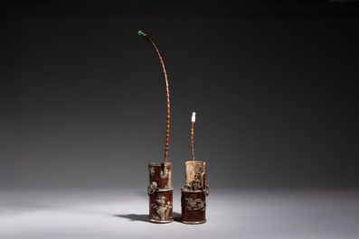 Two Vietnamese waterpipes in wood, silver and metal, one with mother-of-pearl inlay, 19th C.