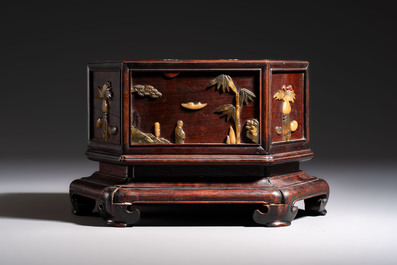 A Chinese soapstone-embellished hongmu 'Antiquities' box and cover, 19th C.