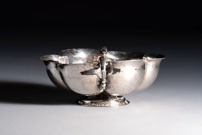 An Italian silver lobed footed bowl with handles, mark of the crossed Keys of St. Peter under a liturgical umbrella, Papal States, Rome, 18th C.