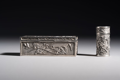 A pair of Chinese silver jarlets, a pair of saucer dishes, a rectangular casket and a cylindrical box, 19/20th C.