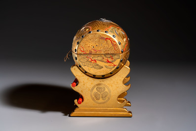A Japanese Shibayama lacquer taiko drum-shaped casket on its original stand, Taisho, 19/20th C.