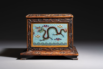 A Chinese wooden 'Dragon' casket mounted with cloisonn&eacute; plaques, 19/20th C.