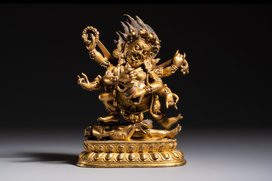 A fine Sino-Tibetan gilt-bronze figure of Mahakala, 18th C.