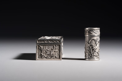 A pair of Chinese silver jarlets, a pair of saucer dishes, a rectangular casket and a cylindrical box, 19/20th C.
