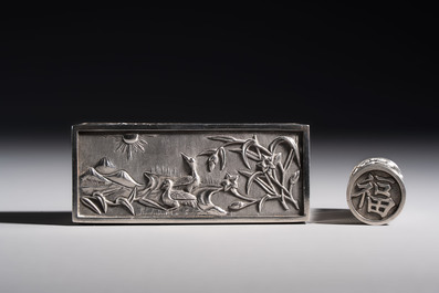A pair of Chinese silver jarlets, a pair of saucer dishes, a rectangular casket and a cylindrical box, 19/20th C.