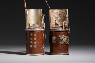 Two Vietnamese waterpipes in wood, silver and metal, one with mother-of-pearl inlay, 19th C.