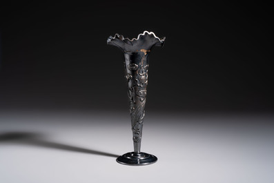 A Chinese silver 'Dragon' vase, two stem cups and a handled cup, various marks, 19/20th C.