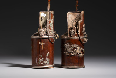 Two Vietnamese waterpipes in wood, silver and metal, one with mother-of-pearl inlay, 19th C.