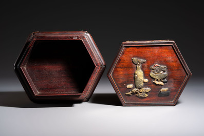 A Chinese soapstone-embellished hongmu 'Antiquities' box and cover, 19th C.