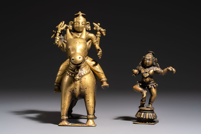 Two Indian bronze figures and two repouss&eacute; copper-alloy plaques, 18/19th C.