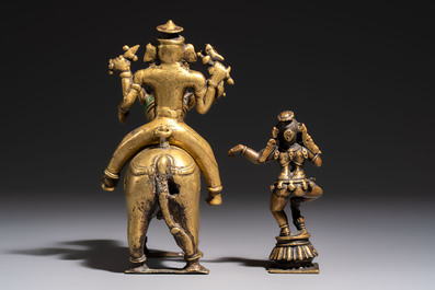 Two Indian bronze figures and two repouss&eacute; copper-alloy plaques, 18/19th C.