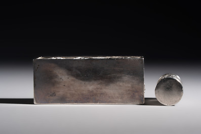 A pair of Chinese silver jarlets, a pair of saucer dishes, a rectangular casket and a cylindrical box, 19/20th C.