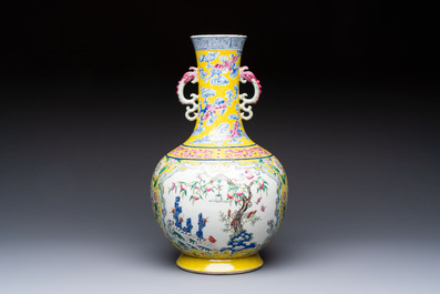 A Chinese famille rose yellow-ground 'Bats and Peaches' bottle vase, Jiaqing/Daoguang