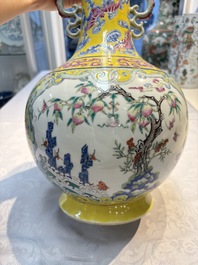 A Chinese famille rose yellow-ground 'Bats and Peaches' bottle vase, Jiaqing/Daoguang
