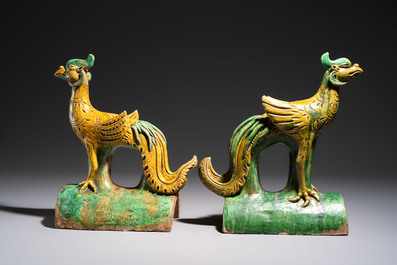 A pair of Chinese sancai-glazed 'Phoenix' roof tiles, Ming