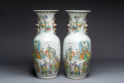 A pair of massive Chinese famille rose 'Ren Lun Zhi Zhi 人倫之至' and 'Xiao Gan Dong Tian 孝感動天' vases, signed Pan Zhaotang 潘肇唐, dated 1919