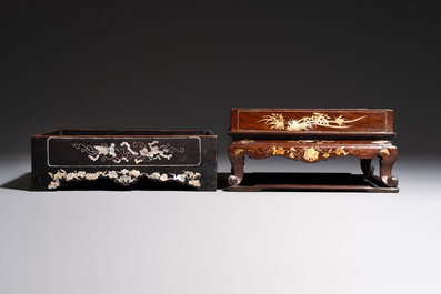 Two Vietnamese mother-of-pearl-inlaid wooden trays and a circular box and cover, 19th C.