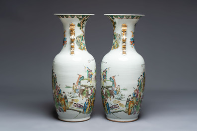A pair of massive Chinese famille rose 'Ren Lun Zhi Zhi 人倫之至' and 'Xiao Gan Dong Tian 孝感動天' vases, signed Pan Zhaotang 潘肇唐, dated 1919