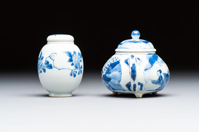 A Chinese blue and white covered tea caddy and a covered teapot with ducks, Kangxi