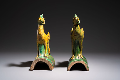 A pair of Chinese sancai-glazed 'Phoenix' roof tiles, Ming