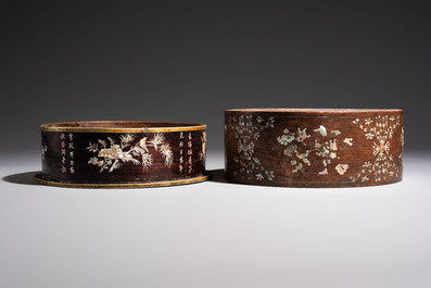 Two Vietnamese mother-of-pearl-inlaid wooden trays and a circular box and cover, 19th C.