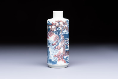 A fine Chinese blue, white and copper-red snuff bottle with narrative design, 19th C.