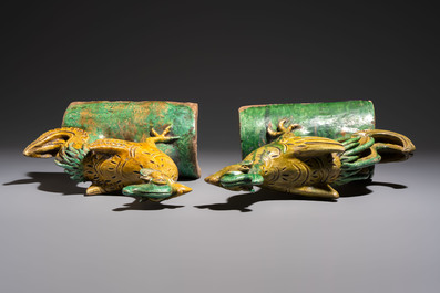 A pair of Chinese sancai-glazed 'Phoenix' roof tiles, Ming
