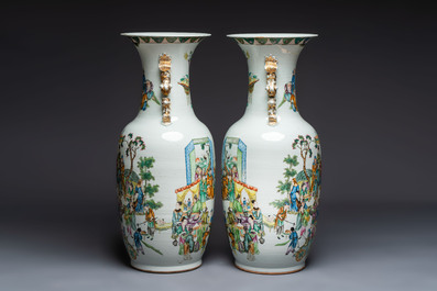 A pair of massive Chinese famille rose 'Ren Lun Zhi Zhi 人倫之至' and 'Xiao Gan Dong Tian 孝感動天' vases, signed Pan Zhaotang 潘肇唐, dated 1919