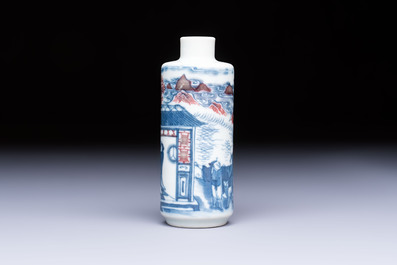 A fine Chinese blue, white and copper-red snuff bottle with narrative design, 19th C.